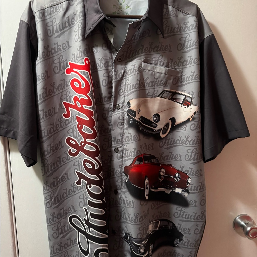 Charcoal Grey Casual Button Down Shirt with Vintage Car Print